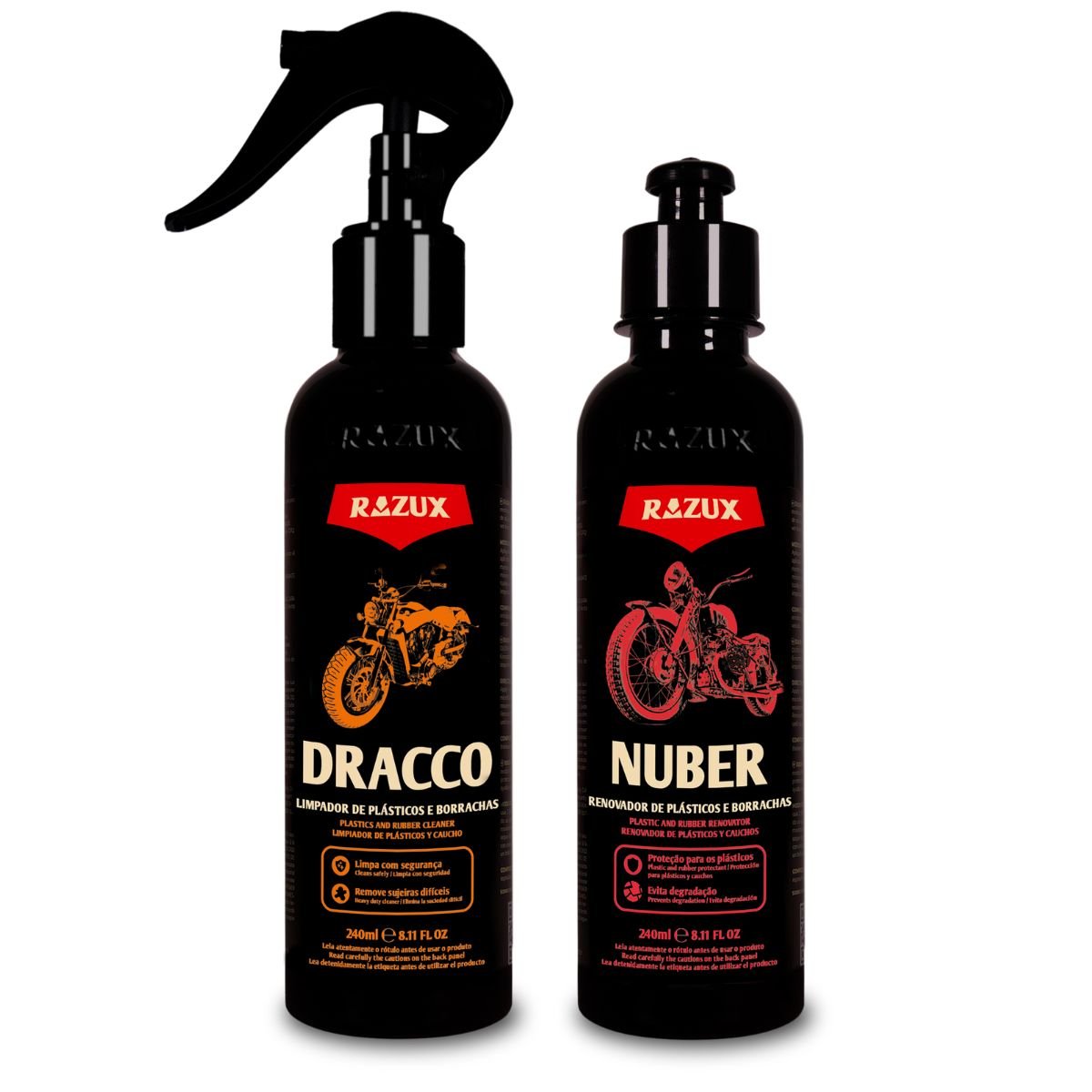 KIT DRACCO LIMPADOR DE PLÁSTICOS E BORRACHAS + NUBER RENOVADOR DE PLÁSTICOS E BORRACHAS RAZUX