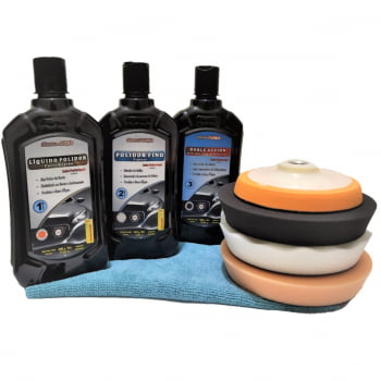 KIT 3 COMPOSTOS POLIDORES + 3 BOINAS DE ESPUMA 5 POL 140MM + SUPORTE + FLANELA 40X40 NEW POLISH