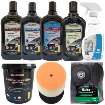 KIT 3 PASSOS + COMPOSTO POLIDOR + MICROPOLIDOR + 3 BOINAS 5 POL + SUPORTE + IPA + CLAY BAR + FLANELA 40X40CM NEW POLISH
