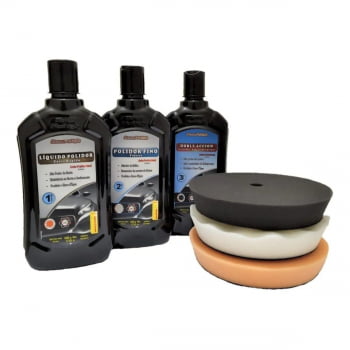 KIT COMPOSTO POLIDOR CORTE REFINO LUSTRO + 3 BOINAS DE ESPUMA NEW POLISH 5 POL 140MM