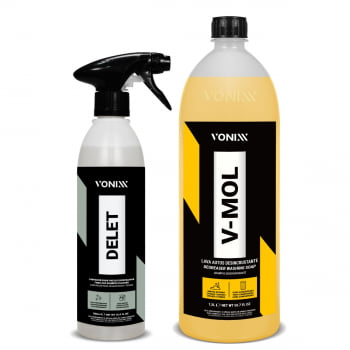 KIT DELET LIMPADOR PARA PNEUS E BORRACHAS 500ML + V-MOL LAVA AUTOS DESINCRUSTANTE 1,5L VONIXX