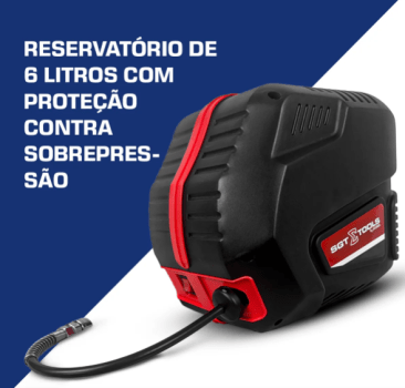 COMPRESSOR DE AR 127V ISENTO DE OLEO COM CARRETEL ENROLADOR 9,5M  MANGUEIRA  1,5HP  6PCM SGT