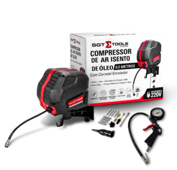 COMPRESSOR DE AR 220V ISENTO DE OLEO COM CARRETEL ENROLADOR 9,5M  MANGUEIRA  1,5HP  6PCM