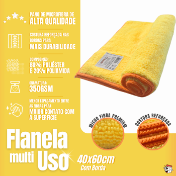 FLANELA DE MICROFIBRA AMARELA COM BORDA 40x60CM 350GSM LINCOLN