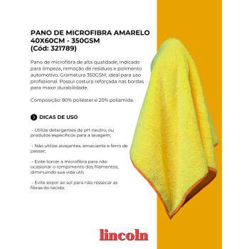FLANELA DE MICROFIBRA AMARELA COM BORDA 40x60CM 350GSM LINCOLN