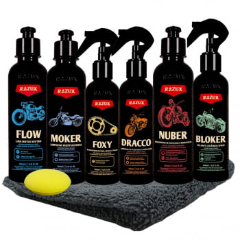 KIT DE PRODUTOS PARA LIMPEZA DE MOTOCICLETAS 8 PRODUTOS RAZUX