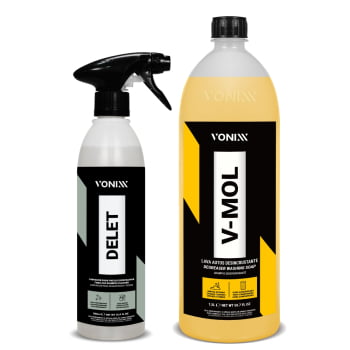 KIT DELET LIMPADOR PARA PNEUS E BORRACHAS 500ML + V-MOL LAVA AUTOS DESINCRUSTANTE 1,5L VONIXX