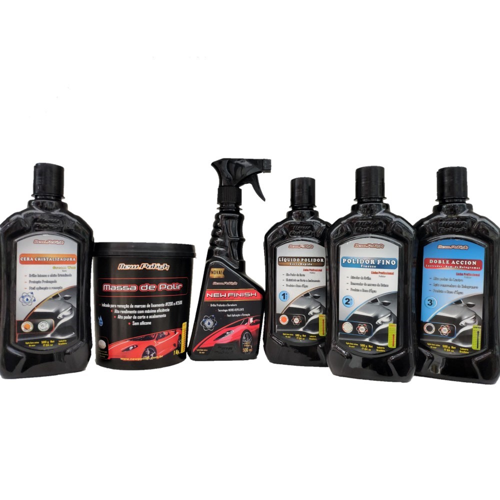 KIT 3 PASSOS + MASSA DE POLIR 1KG + CERA CRISTALIZADORA + CERA NEW FINISH NEW POLISH