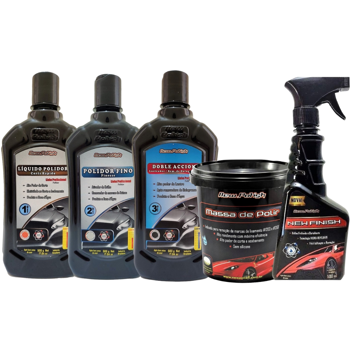 KIT 3 PASSOS + MASSA DE POLIR 1KG + CERA NEW FINISH NEW POLISH