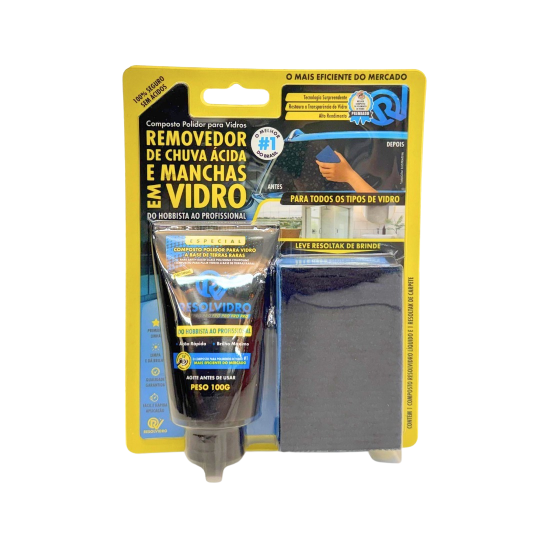 KIT REMOVEDOR DE CHUVA ÁCIDA E MANCHAS DE VIDROS 100G + RESOLTAK RESOLVIDRO
